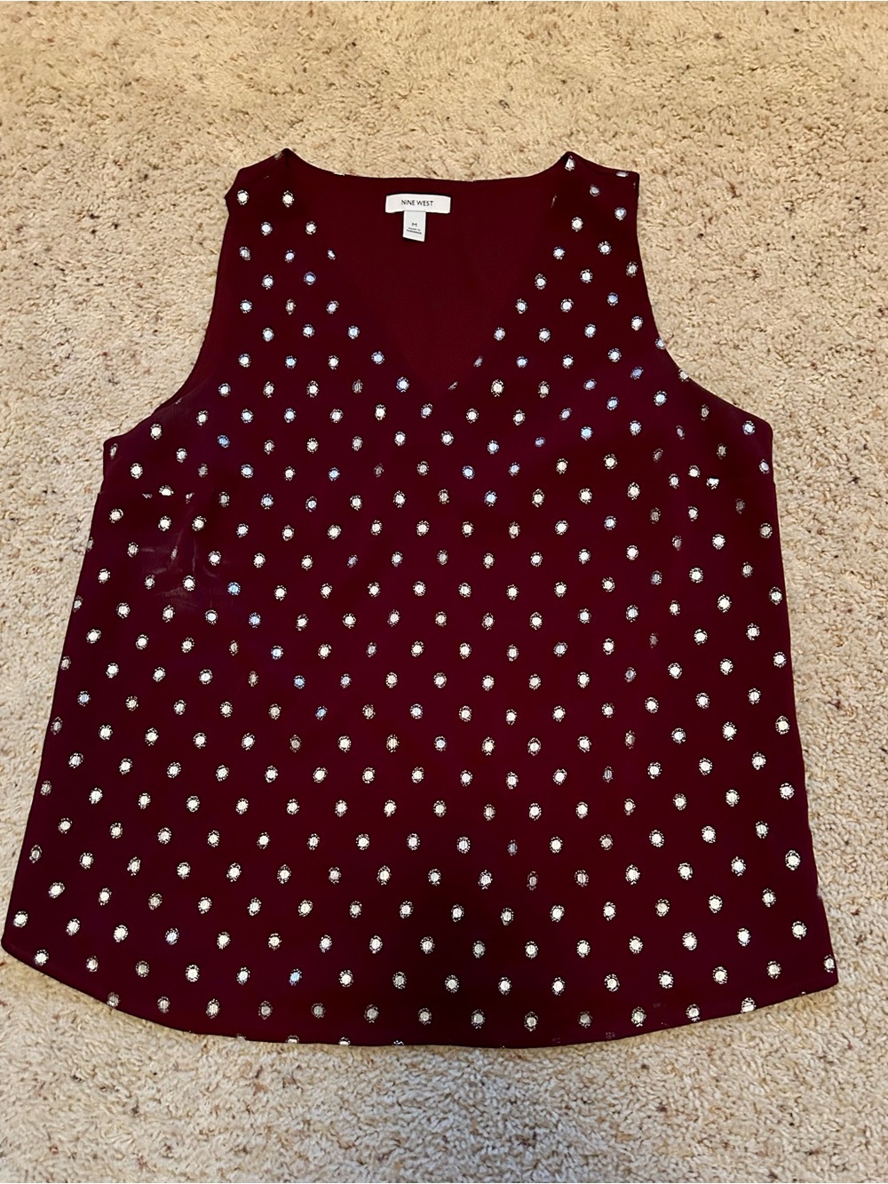 Nine West Burgundy V-Neck Sleeveless Top with Crystal Studs